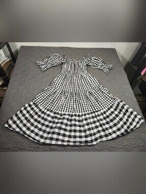 Kitri Gingham Off-Shoulder Puff Sleeve Tiered Midi Dress Black White Size US 4